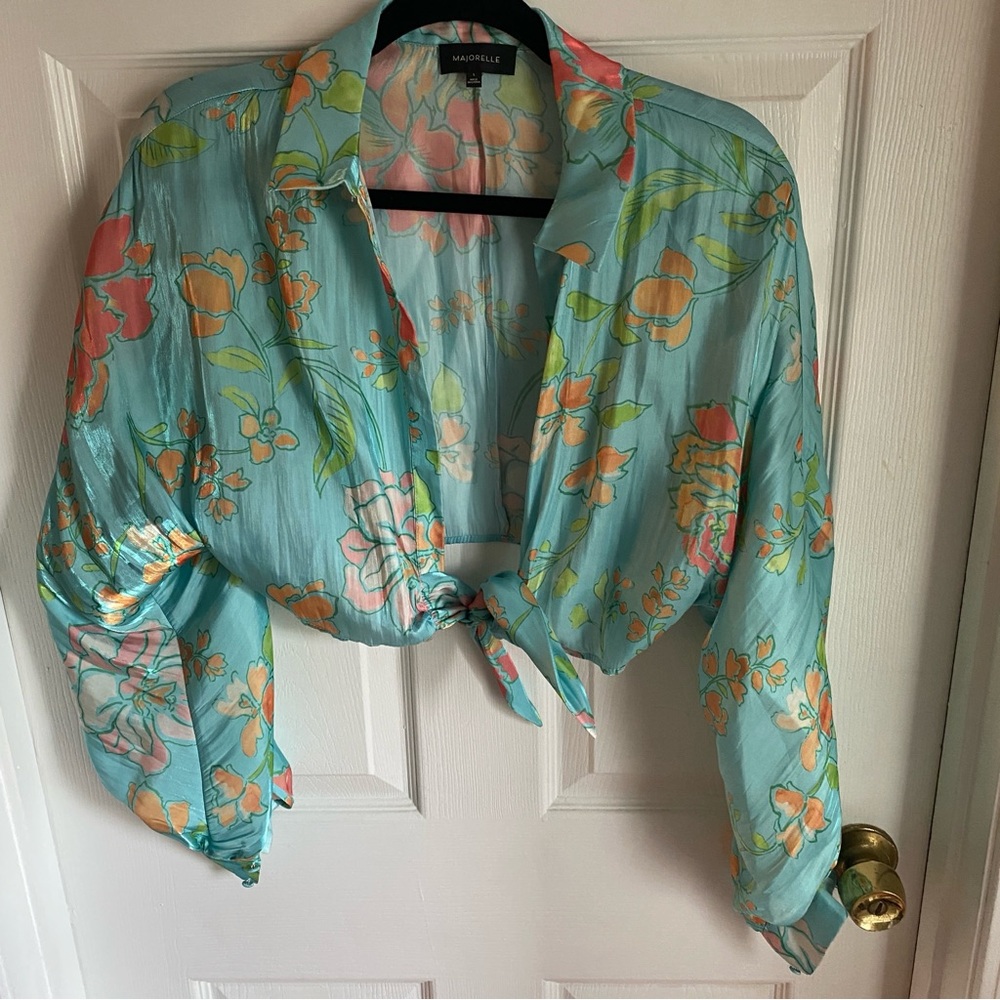 Majorelle Cropped Satin Teal & Orange Floral Tie Front Top S